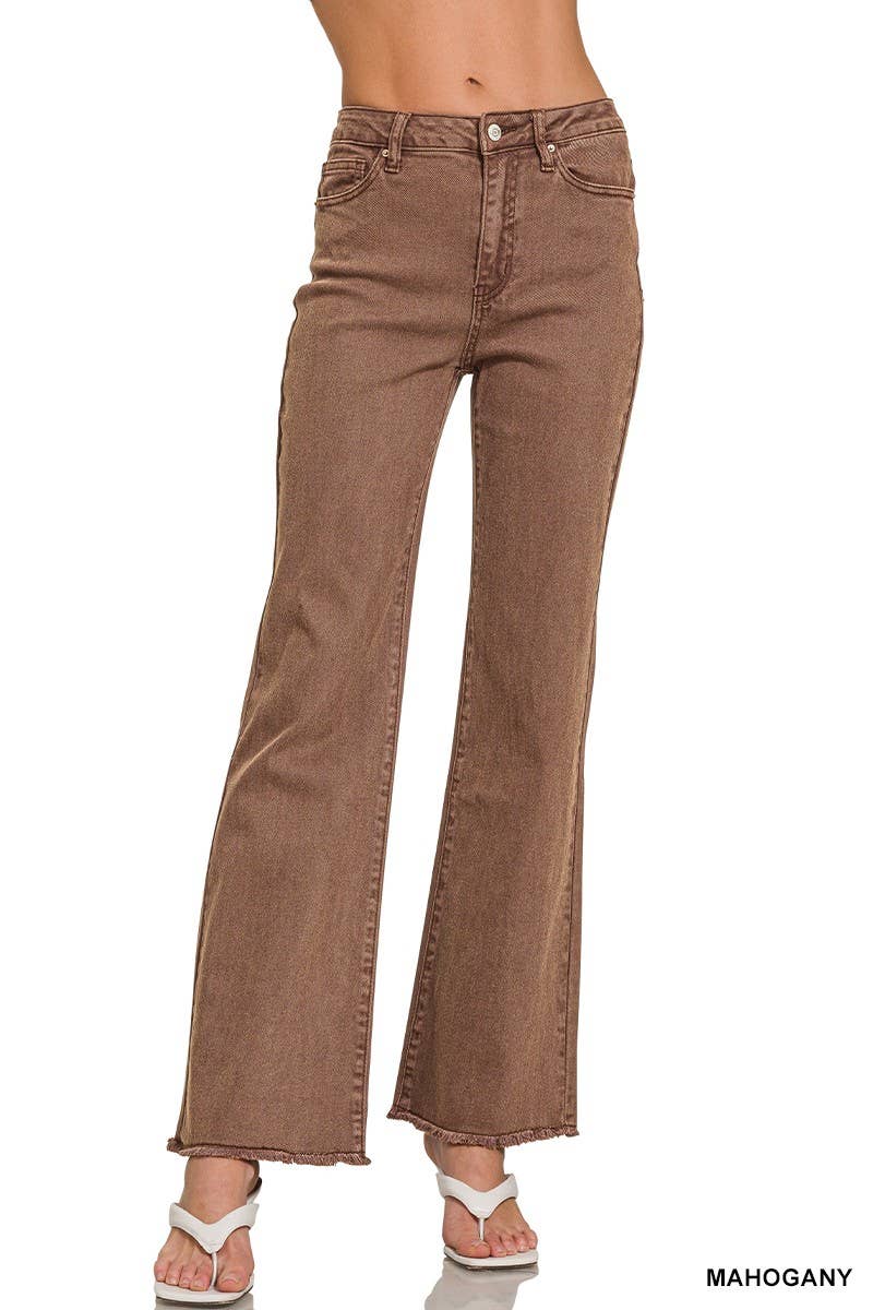 Acid Washed Frayed Cutoff Hem Straight Wide Pants: MAHOGANY / 1-2-2-1 (S-M-L-XL)