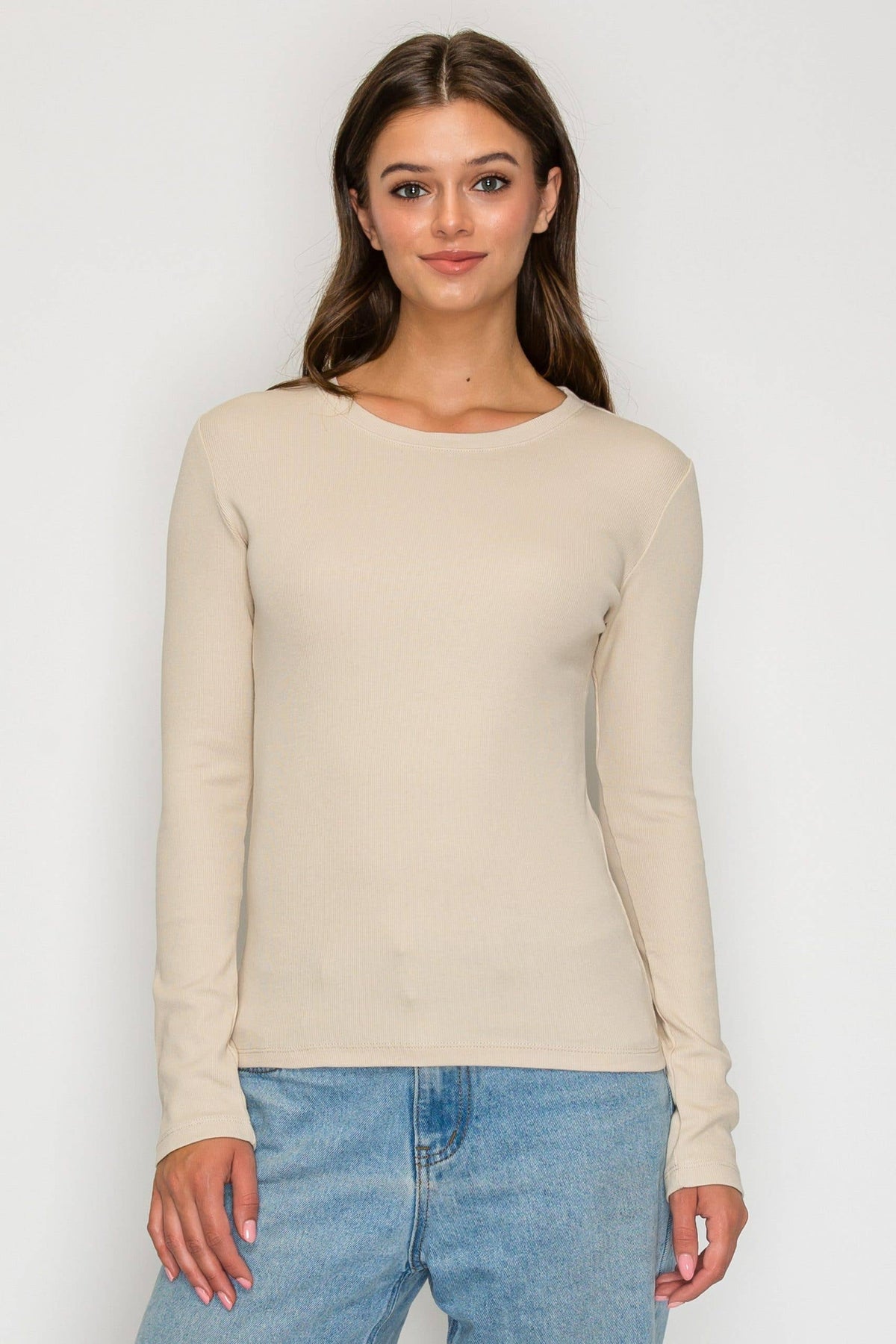 Long Sleeve Mini Ribbed Tee: BEIGE / 2-2-2 (S-M-L)