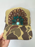 GREEN CAMO CAMOUFLAGE FEATHER TRUCKER HAT: With Faux Turquoise & feather