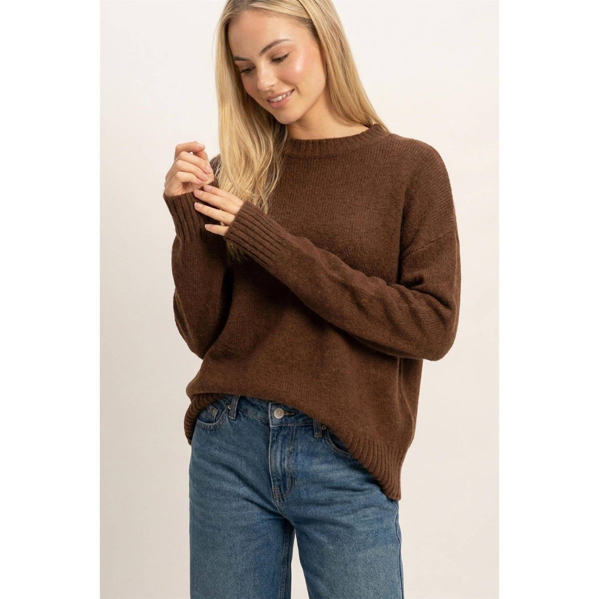 Ribbed Crew Neck Sweater: BROWN / S-M-L(2-2-2)