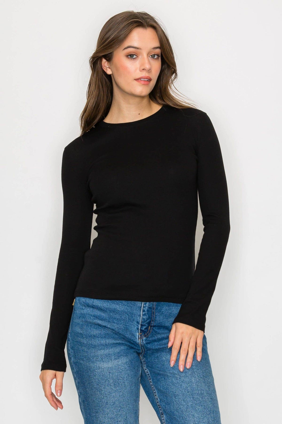 Long Sleeve Mini Ribbed Tee: BLACK / 2-2-2 (S-M-L)