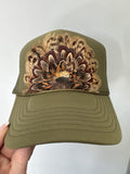 GREEN FEATHER TRUCKER HAT: No Faux Turquoise / Feather 4