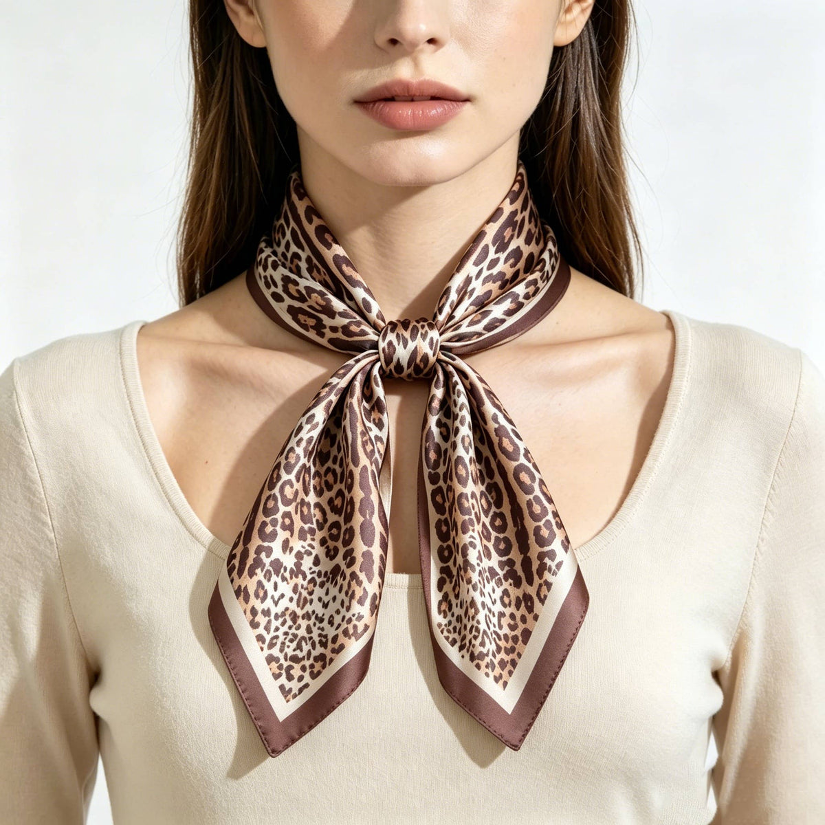 LEOPARD SILKY BANDANA SQUARE NECK SCARF BR