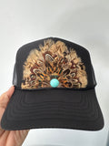 BLACK FEATHER TRUCKER HAT: With Faux Turquoise / Feather 4