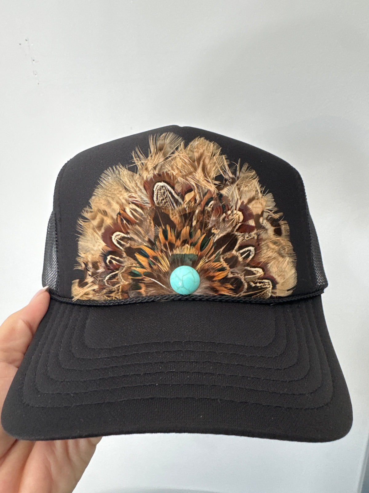 BLACK FEATHER TRUCKER HAT: With Faux Turquoise / Feather 4