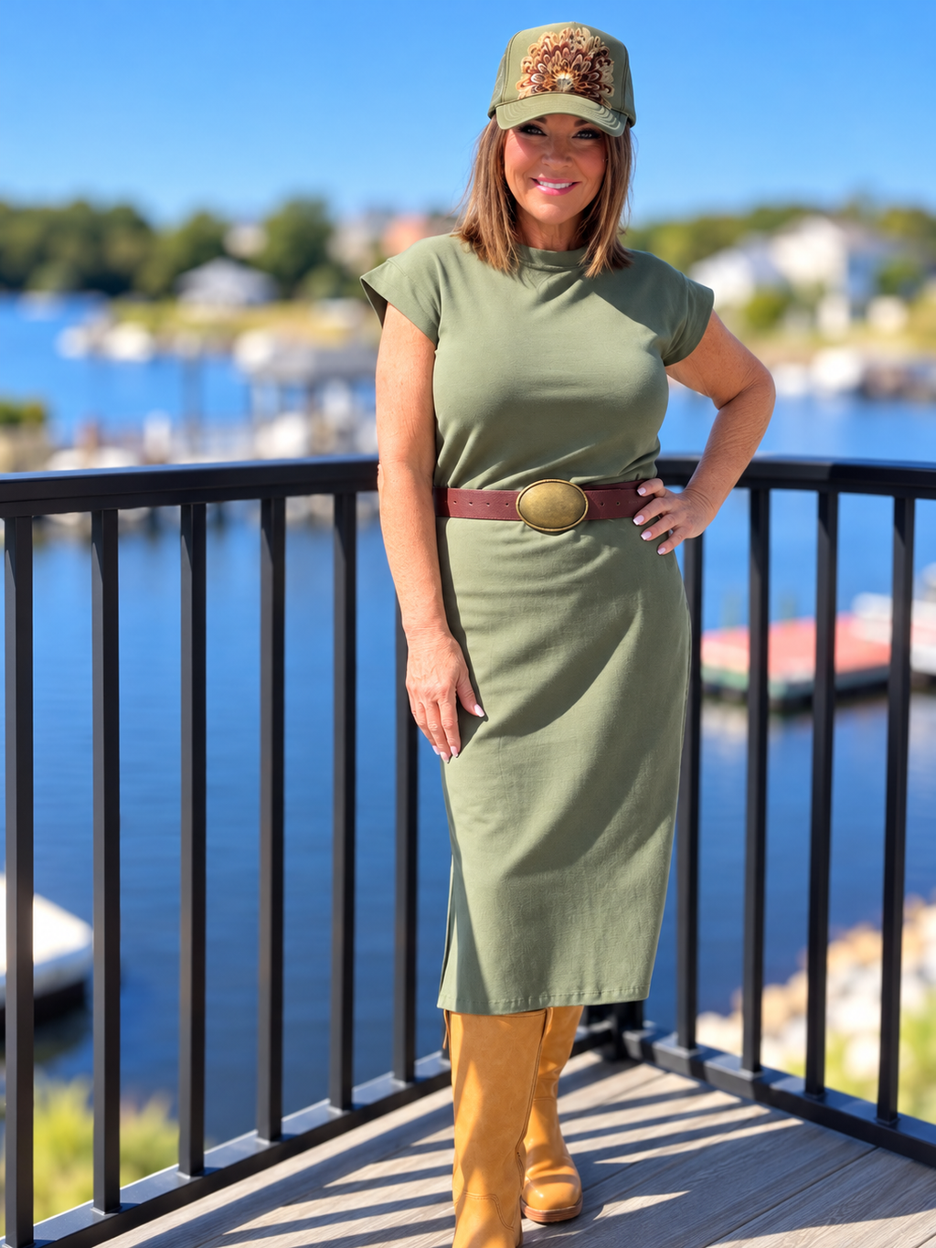 Cotton Midi Dress w/ slit - LT OLIVE-183344 / M
