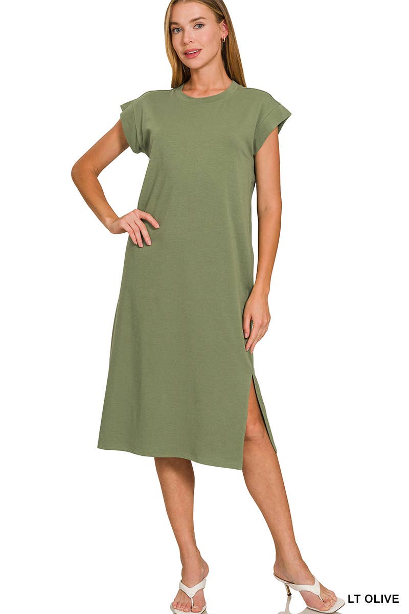 Cotton Midi Dress w/ slit LT OLIVE-183344 / S
