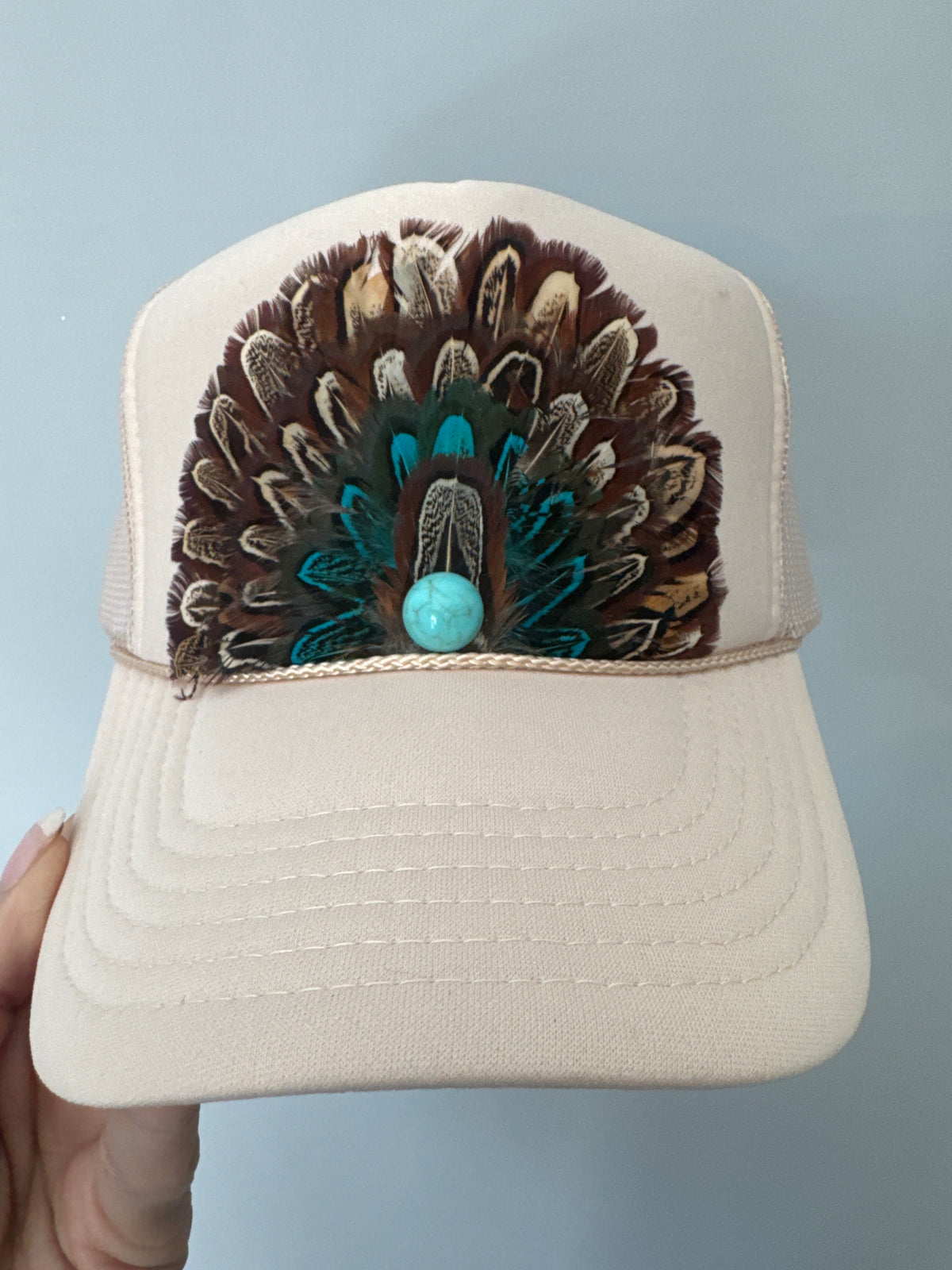 CREAM BEIGE FEATHER TRUCKER HAT : With Faux Turquoise / Feather 3