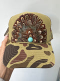 GREEN CAMO CAMOUFLAGE FEATHER TRUCKER HAT: faux turquoise only