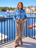 Tie Neck Hidden Button Chambray Blouse: MEDIUM WASH / S-M-L (2-2-2)